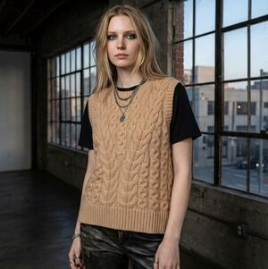 Nicole Miller Sand Cable Knit Sweater Vest - Size Small - Sleeveless V-Neck